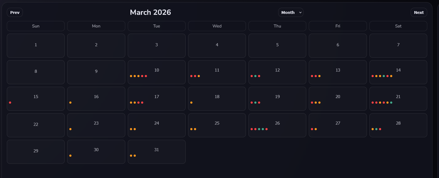 Find's month calendar, with coloured dots marking which games have events on each day.