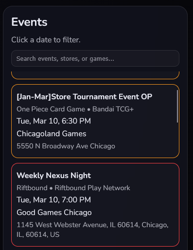 Find's event list for a single day, with times, shops and registration links.
